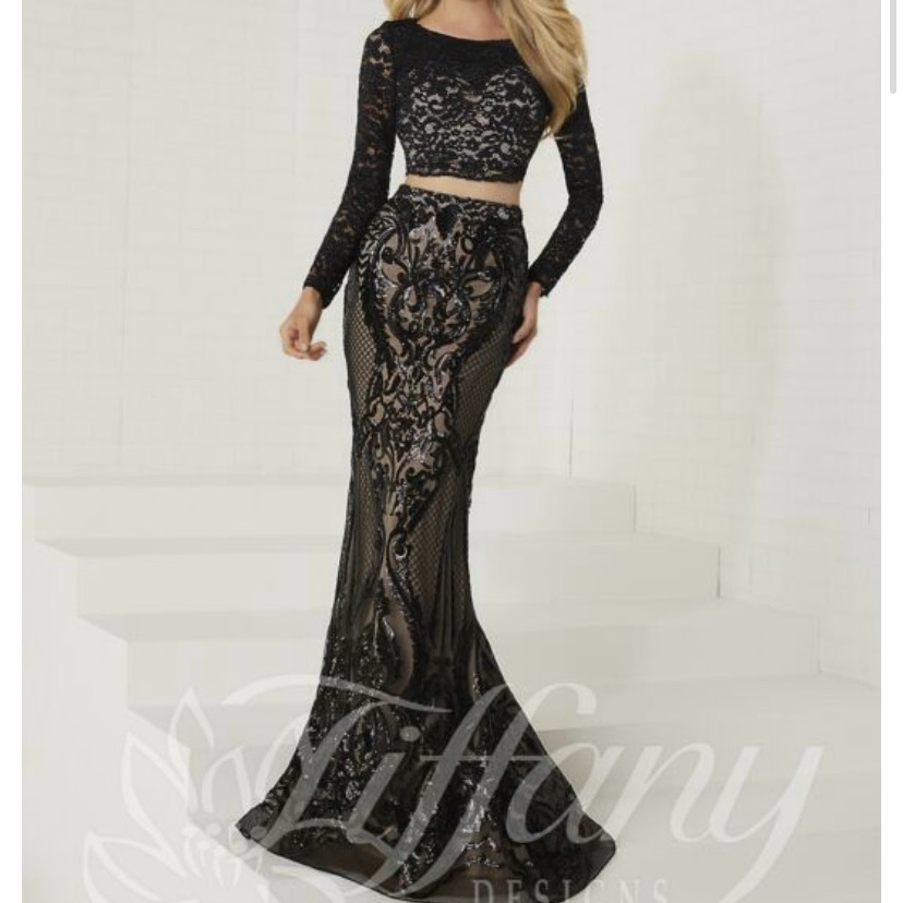 Tiffany Designs Black Lace Two-Piece Gown
